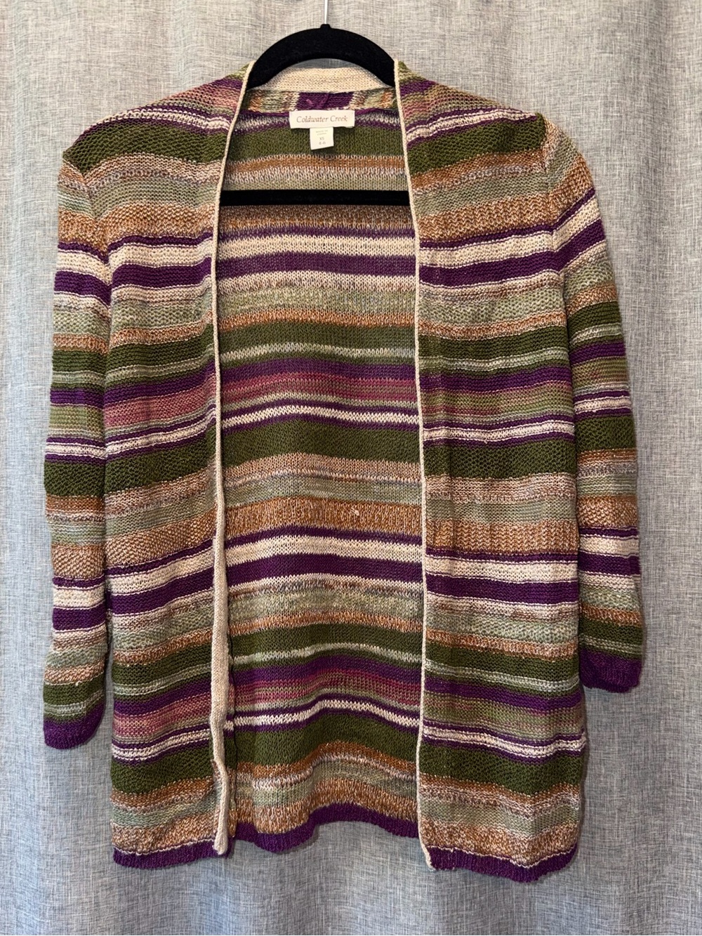 Coldwater Creek Open-Front Striped Cardigan Sweater - Green/Purple/Tan Xsmall